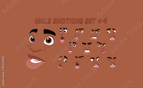 African American Male abstract cartoon face expression variations, emotions collection set #4, vector illustration