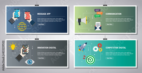 Web banners template in vector with icons of message app, communication, innovation digital, competition digital. Flat design icons in vector illustration.