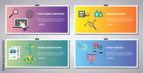Web banners template in vector with icons of stock market investment, earnings analysis, finance growth, report analysis. Flat design icons in vector illustration.