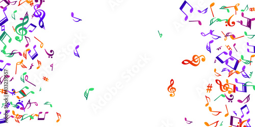 Music notes flying vector illustration. Melody recording signs placer. Classic music wallpaper. Grunge notes flying signs with flat. Party flyer graphic design. © SunwArt