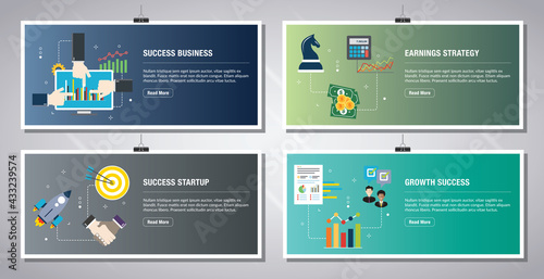 Web banners template in vector with icons of success business, earnings strategy, success startup and growth success. Flat design icons in vector illustration.