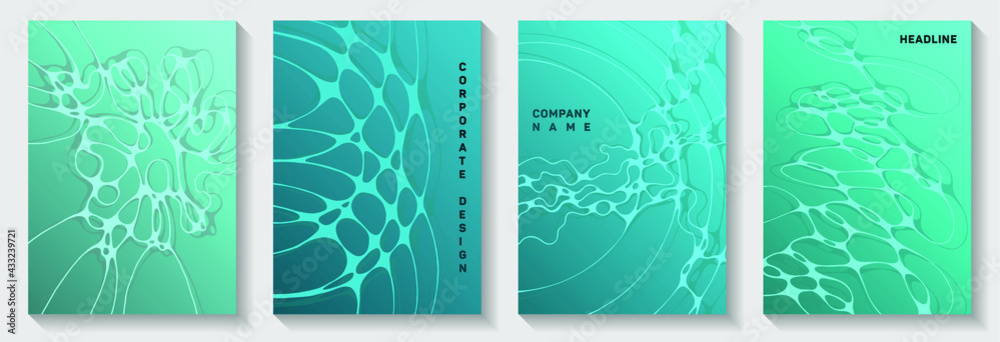 Global network concept abstract vector covers. Overlaying curve lines net textures. Trendy brochure vector layouts. Engineering cover pages graphic design set.
