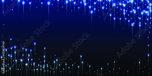 Digital vertical line streams data flows vector. Geometric neon blue light elements. Social science lines movement visual pattern. Data flows cool background.