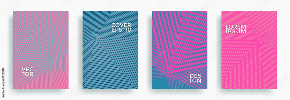 Hexagonal halftone pattern cover pages vector creative design. Polygonal lines texture backgrounds. Party invitation flyer templates set. Cover page layouts, flyers, banners with halfton texture.