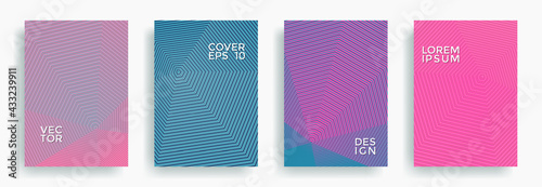Hexagonal halftone pattern cover pages vector creative design. Polygonal lines texture backgrounds. Party invitation flyer templates set. Cover page layouts, flyers, banners with halfton texture.