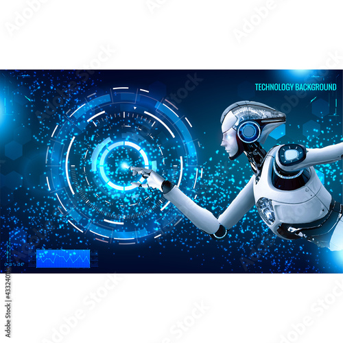 Conceptual technology illustration of artificial intelligence with robot or cyborg woman. Futuristic Artificial intelligence in image of cyborg girl. Technology background. Vector illustration EPS10.