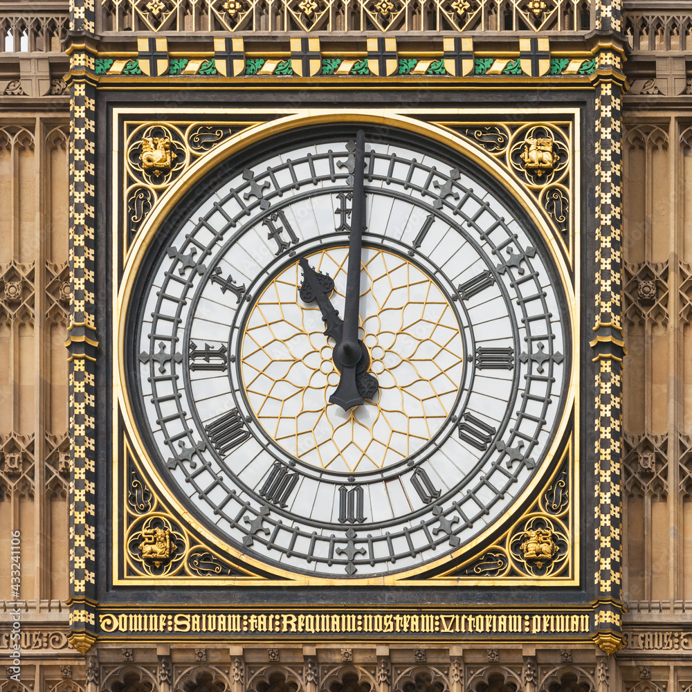 The clock face of Elizabeth Tower at the Houses of Parliament, Westminster, London, England, UK