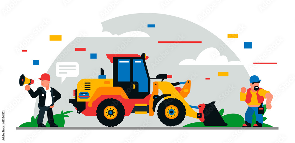 Construction equipment and workers at the site. Colorful background of geometric shapes and clouds. Builders, construction equipment, maintenance personnel, excavator, foreman. Vector illustration.