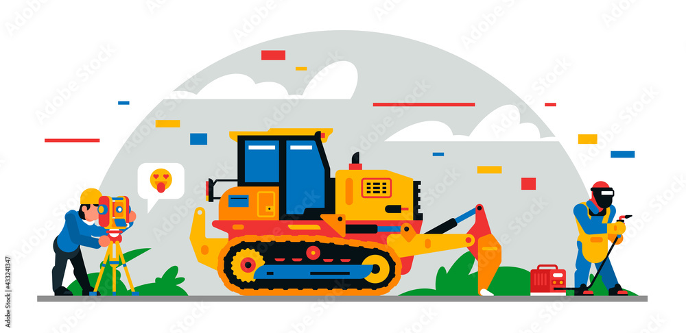 Construction equipment and workers at the site. Colorful background of geometric shapes and clouds. Builders, construction equipment, service personnel, bulldozer, welder,surveyor.Vector illustration