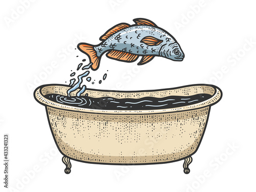 fish dives in the bath color sketch engraving vector illustration. T-shirt apparel print design. Scratch board imitation. Black and white hand drawn image.