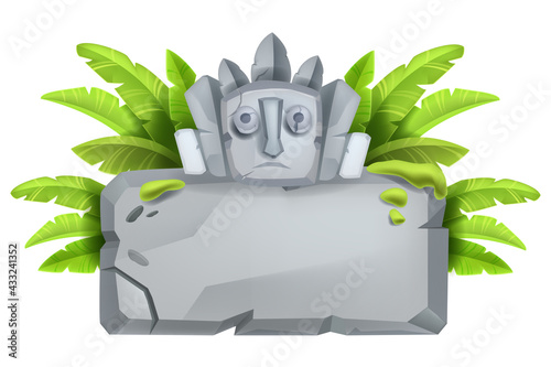 Stone sign board, vector game cartoon rock, tablet, jungle boulder frame, banana leaves, maya totem. Tropical environment design object, ancient civilization tablet. Cracked old stone sign on white