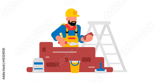 Worker laying bricks. Builder and brickwork. A bag of cement, a spatula, a bucket, a stepladder. Vector illustration isolated on white background