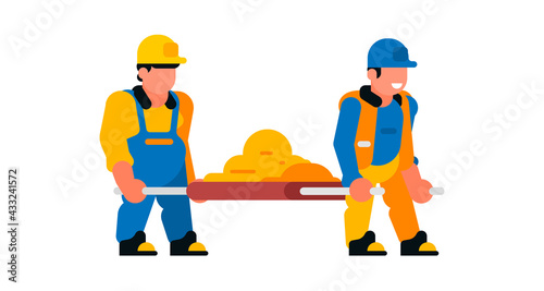 Workers carrying sand on stretchers. Builders and sand. Vector illustration isolated on white background