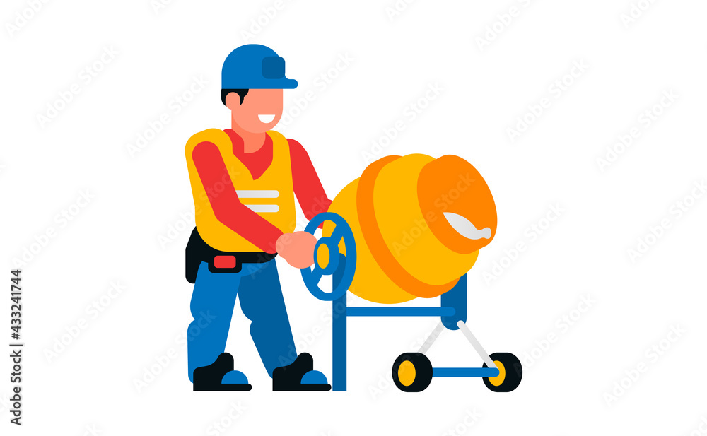 Worker and concrete mixer. Happy male builder and concrete mixer. Vector illustration isolated on white background Worker and concrete mixer. Happy male builder and concrete mixer. Vector illustration isolated on white background