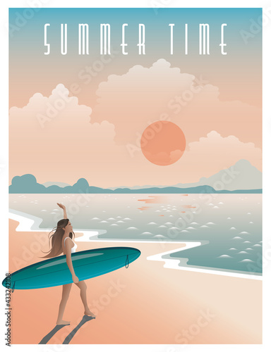 Summer poster. A girl with a surfboard at sunset looks at the bay. Active summer in nature, healthy lifestyle and sports. Vector cartoon flat illustration. Summer time.