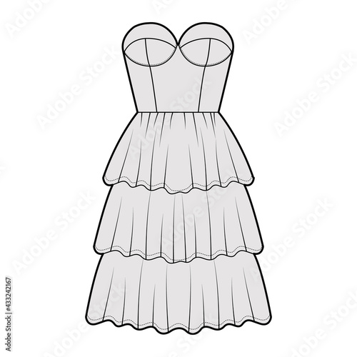 Strapless dress bustier technical fashion illustration with fitted body, 3 row knee length ruffle tiered skirt. Flat garment apparel front, grey color style. Women, men, unisex CAD mockup