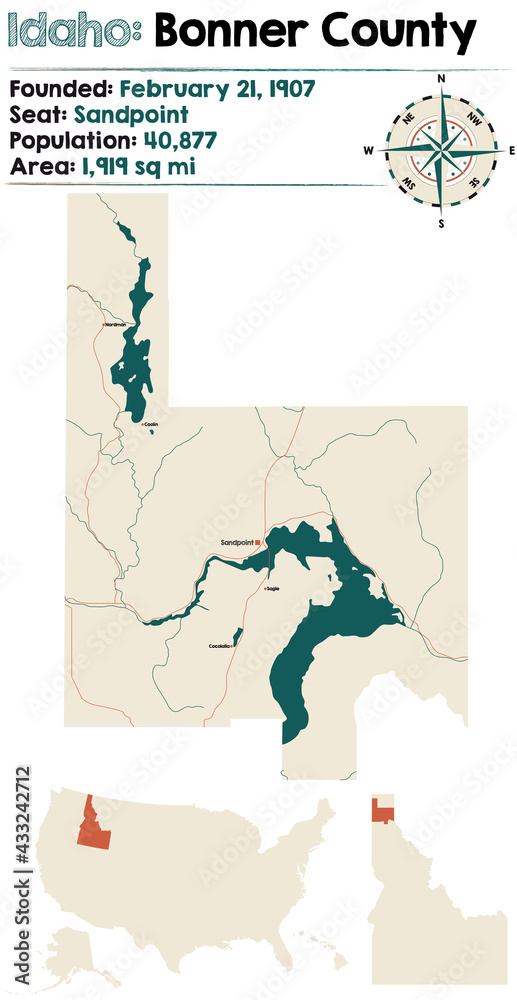 Large and detailed map of Bonner county in Idaho, USA.
