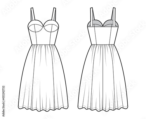 Flared dress technical fashion illustration with bustier, sleeveless, fitted body, knee length ruffle skirt. Flat apparel front, back, white color style. Women, men unisex CAD mockup