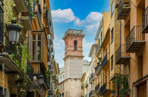 Spain, colorful Valencia streets in historic city center.