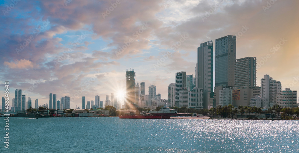 Colombia, scenic Cartagena bay (Bocagrande) and city skyline at sunset.
