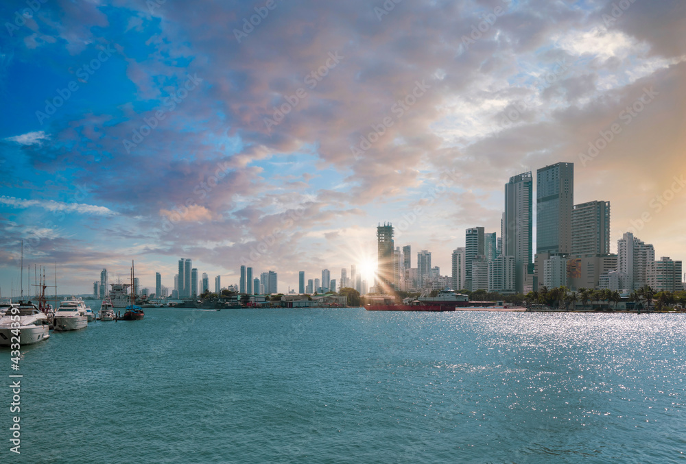 Colombia, scenic Cartagena bay (Bocagrande) and city skyline at sunset.