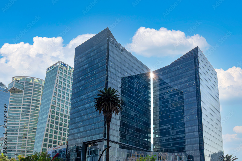 Mexico City Financial center and business district close to Paseo De Reforma and Angel of Independence landmark column.