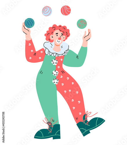 Circus clown juggler cartoon character in funny scenic costume. Kids circus entertainment, cartoon vector illustration isolated on white background.