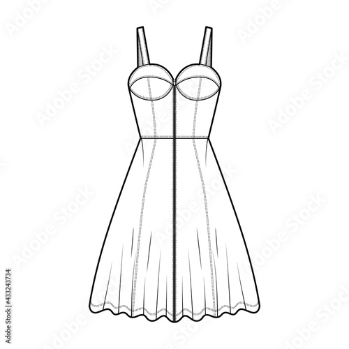 Zip-up dress denim bustier technical fashion illustration with sleeveless, fitted body, knee length A-line skirt. Flat apparel front, white color style. Women, men unisex CAD mockup