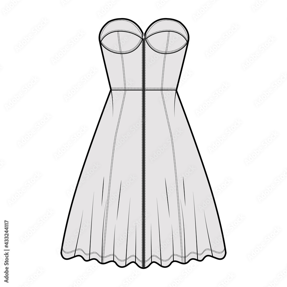 Zip-up dress bustier denim technical fashion illustration with sleeveless, strapless, fitted body, knee length A-line skirt. Flat apparel front, grey color style. Women, men unisex CAD mockup Zip-up dress bustier denim technical fashion illustration with sleeveless, strapless, fitted body, knee length A-line skirt. Flat apparel front, grey color style. Women, men unisex CAD mockup