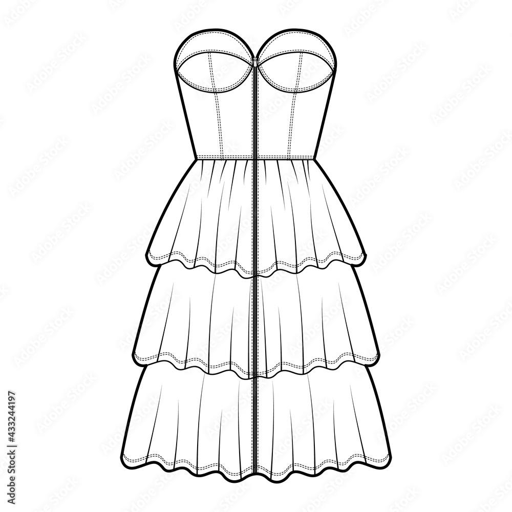 Zip-up bustier dress technical fashion illustration with strapless, fitted body, 3 row knee length ruffle tiered skirt. Flat apparel front, white color style. Women, men unisex CAD mockup Zip-up bustier dress technical fashion illustration with strapless, fitted body, 3 row knee length ruffle tiered skirt. Flat apparel front, white color style. Women, men unisex CAD mockup