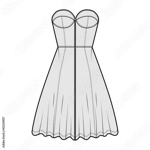 Zip-up dress bustier denim technical fashion illustration with sleeveless, strapless, fitted body, knee length A-line skirt. Flat apparel front, grey color style. Women, men unisex CAD mockup