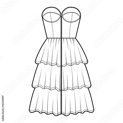 Zip-up bustier dress technical fashion illustration with strapless, fitted body, 3 row knee length ruffle tiered skirt. Flat apparel front, white color style. Women, men unisex CAD mockup