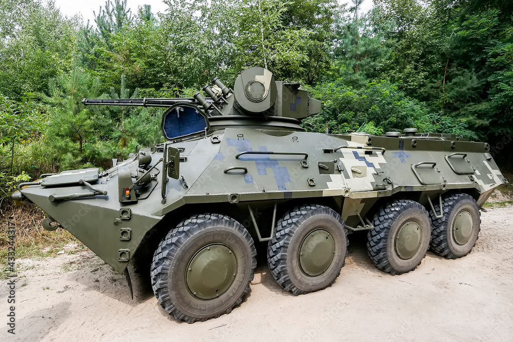 BTR armored personnel carrier of the Ukrainian army during the exercises at the training ground near Kyiv, Ukraine