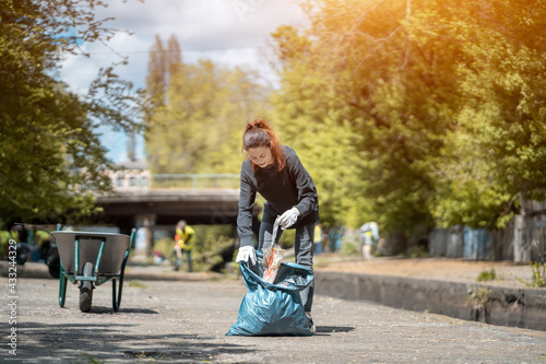 Quadro su tela volunteer female cleaning up park and tree from plastic litter with garbage bag