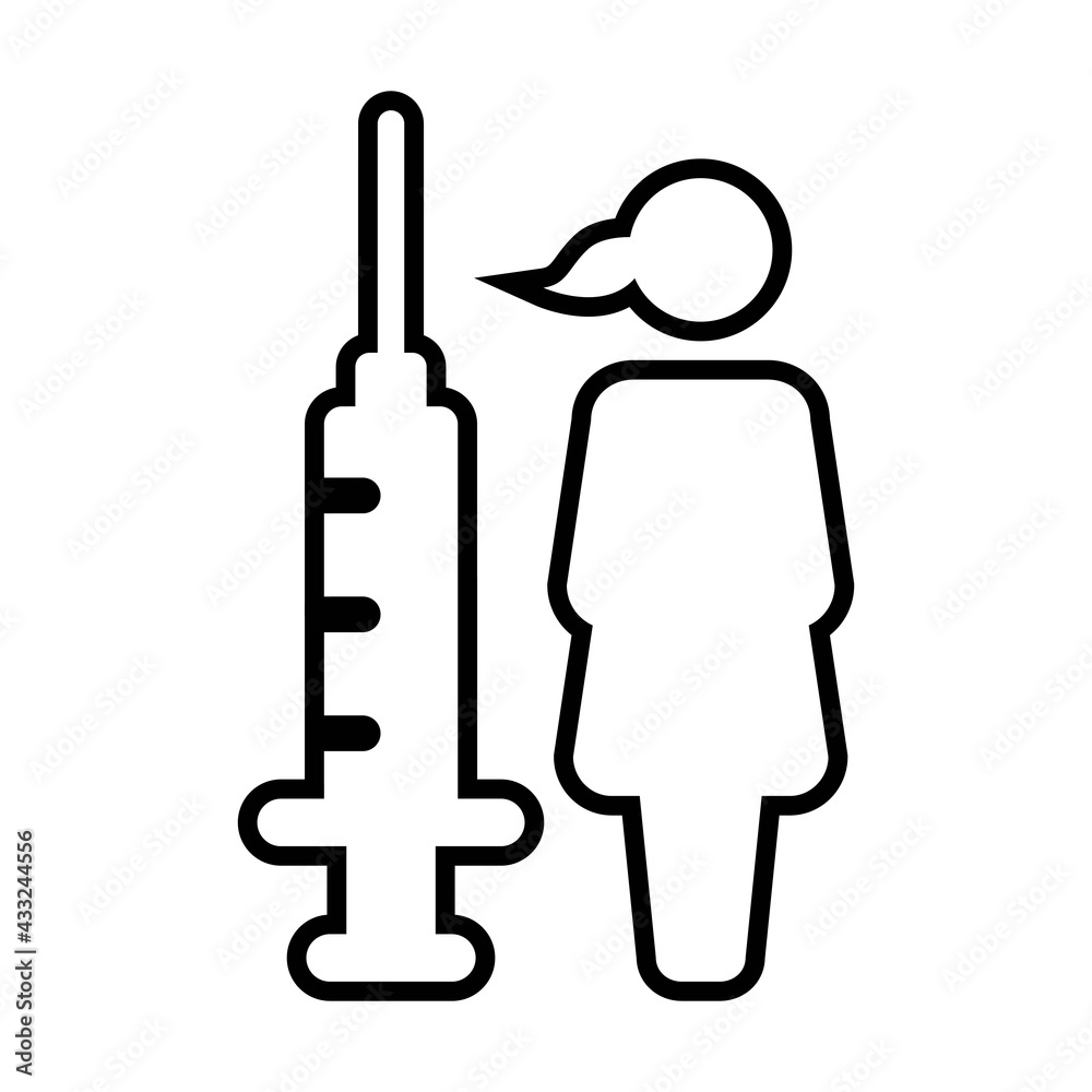 Vaccination icon vector with vaccine injection syringe female person symbol for virus protection in a glyph pictogram illustration