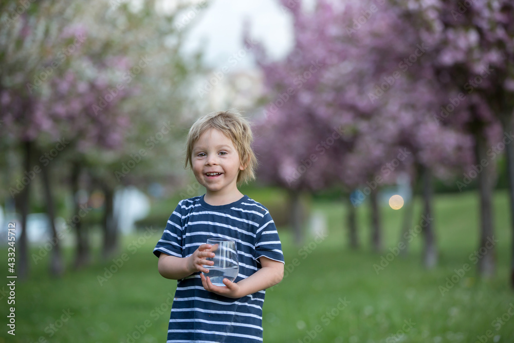 Beautiful blond child, boy, drinking water in the park on a hot day Beautiful blond child, boy, drinking water in the park on a hot day