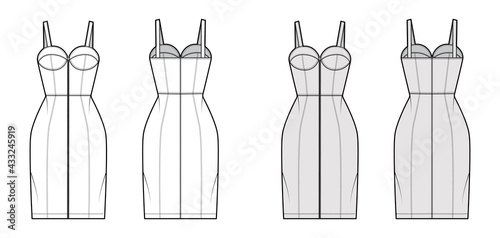 Zip-up tube dress technical fashion illustration with bustier, sleeveless, fitted body, knee length skirt. Flat garment apparel front, back, white grey color style. Women, men unisex CAD mockup