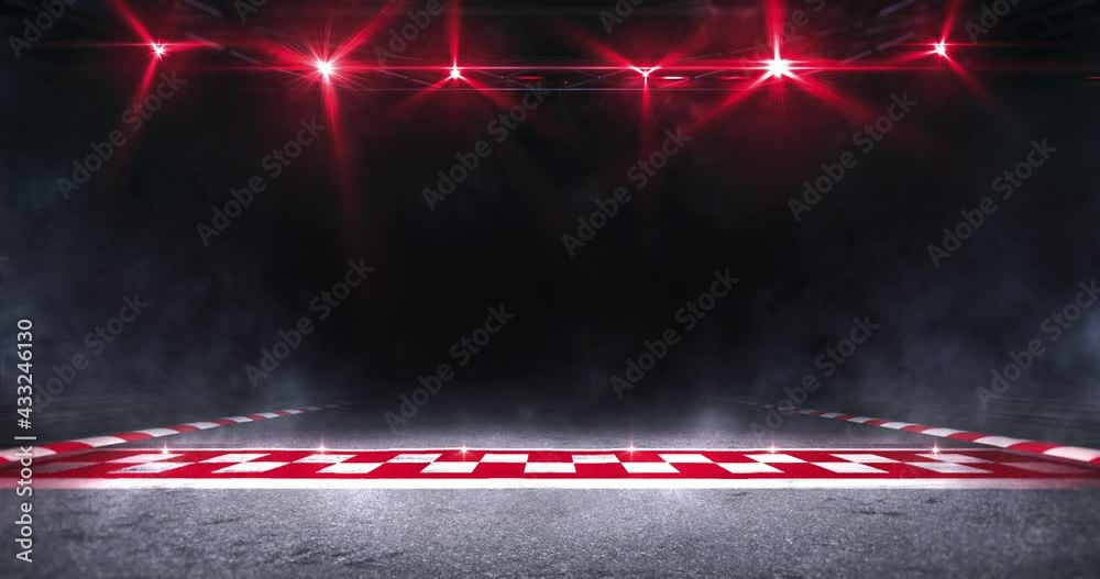 Race track and finish line on asphalt ground with red shining spotlights above the moving fog. Racing sport 4k loop animation.