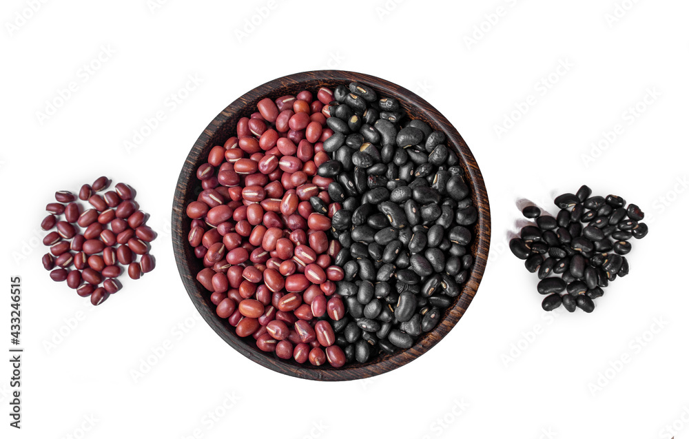 red beans and black beans in wooden bowl on white background, top view red beans and black beans in wooden bowl on white background, top view