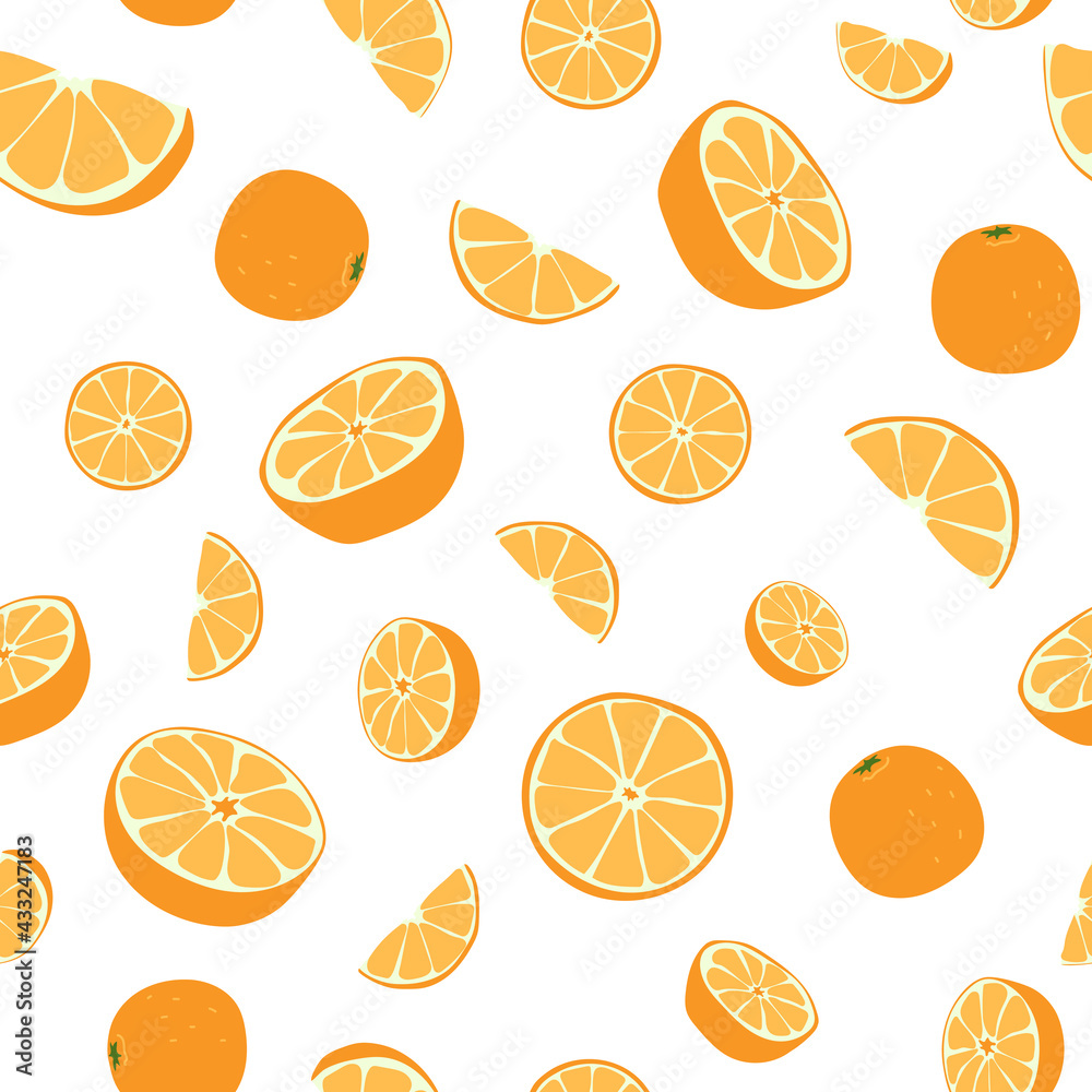 Obraz premium Seamless pattern from fresh whole, halves oranges. Citrus vitamin juicy fruits. Bright, colorful flat vector illustration for textiles, clothes, wrapping and wall paper isolated on white background