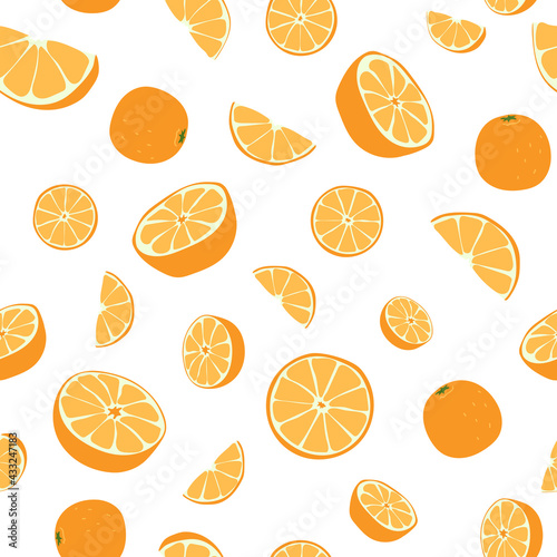 Seamless pattern from fresh whole, halves oranges. Citrus vitamin juicy fruits. Bright, colorful flat vector illustration for textiles, clothes, wrapping and wall paper isolated on white background