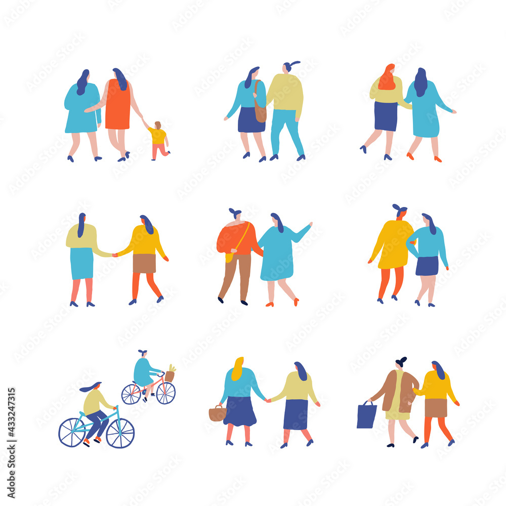 Lgbt people, homosexual women couple flat vector illustration set isolated on white background