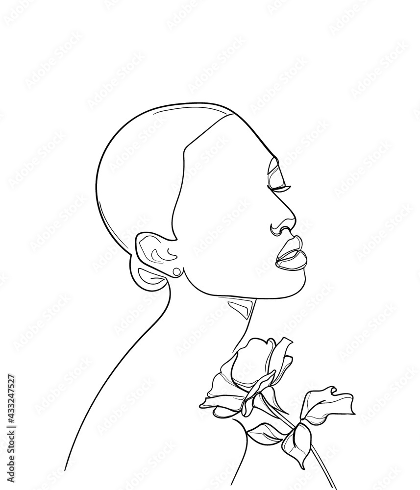 Beautiful woman face with rose flower, line Art.  Concept of love for nature - Vector illustration