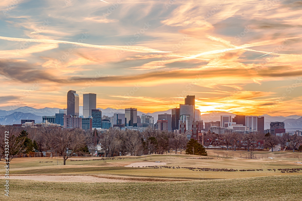 Beautiful Denver, Colorado city skyline at sunset