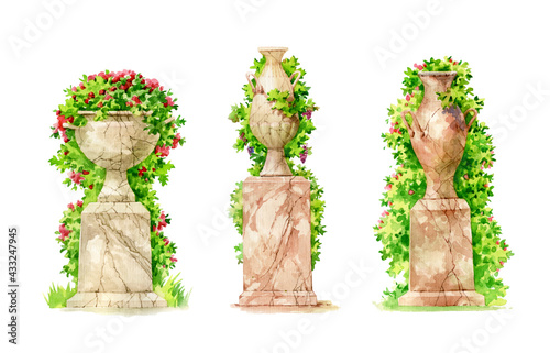 Garden sculpture isolated on a white background. Park flowerpot. Template for the design. Ancient vase on a pedestal. A stone vase overgrown with ivy on a stone pedestal.