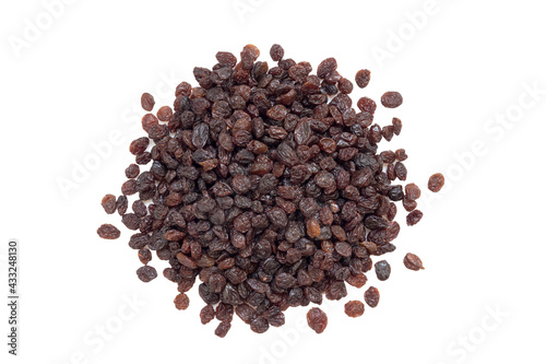 Pile of black raisins isolated on white background