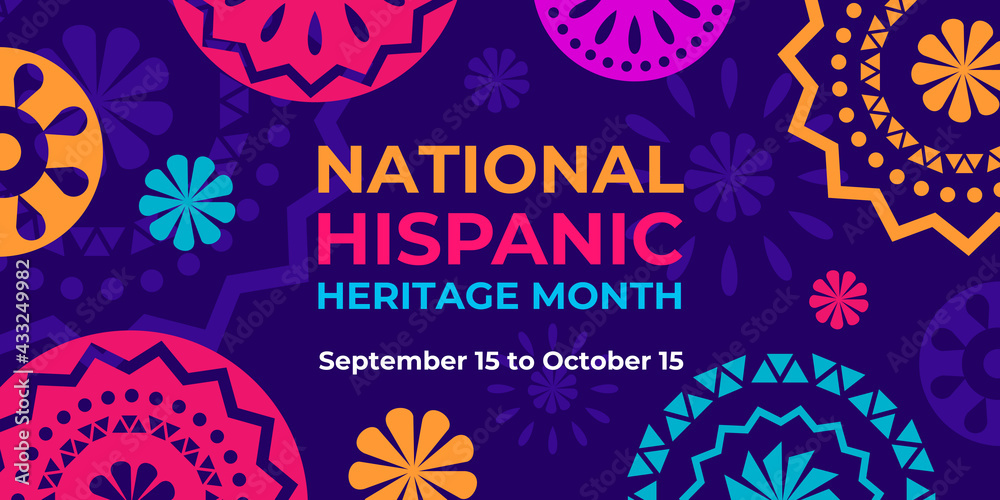 Hispanic heritage month. Vector web banner, poster, card for social media, networks. Greeting with national Hispanic heritage month text, Papel Picado pattern, perforated paper on purple background.