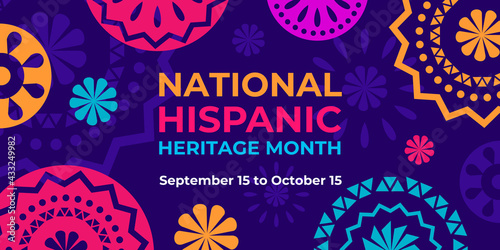 Hispanic heritage month. Vector web banner, poster, card for social media, networks. Greeting with national Hispanic heritage month text, Papel Picado pattern, perforated paper on purple background. photo