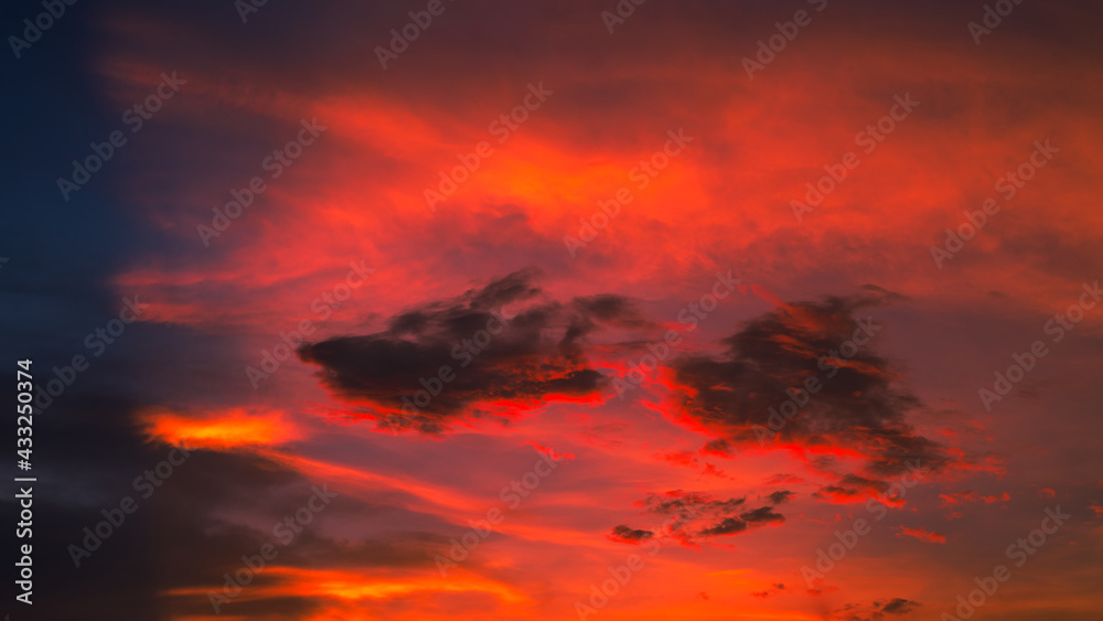 Fototapeta premium Blurred background of city views,high angles colorful sky,green leaves from the balcony,twilight lighting of car lights from tall buildings showing the distribution of accommodation in the capital.