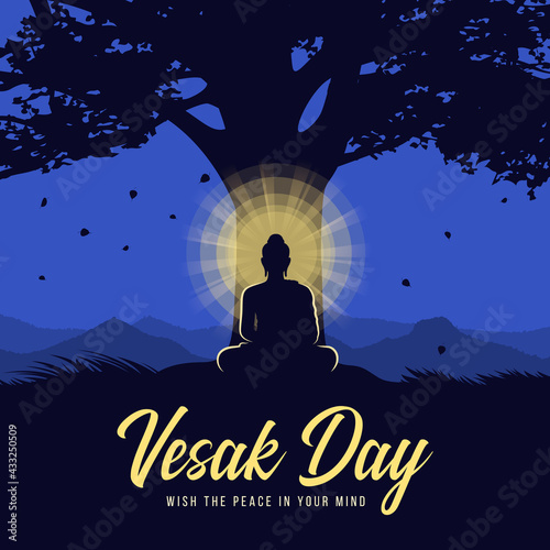 Vesak day - Silhouette The Lord Buddha meditated with radiance light under Bodhi trees at night time vector design
